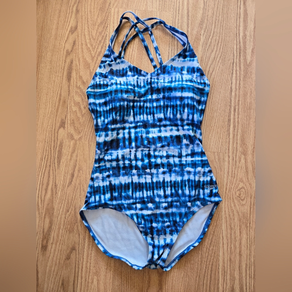 Speedo Womens' Blue & White Tie-Dye One-Piece Swimsuit size 12